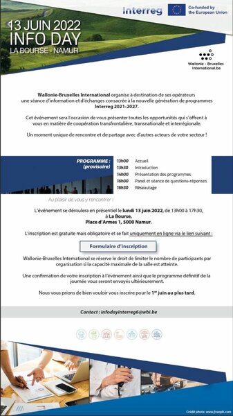 Wallonie-Bruxelles International (WBI) Info Day Interreg VI : nouveaux programmes, nouveaux enjeux – 13 Juin 2022 de 13h00 à 17h30 à Namur – A vos agendas !