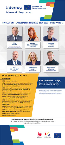 INVITATION – LANCEMENT INTERREG MEUSE-RHIN 2021-2027 – INNOVATION - LUNDI 23 JANVIER 2023 À 17H00 RISE – ULIEGE