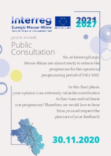 Interreg Euregio Meuse-Rhin 2021-2027: invitation consultation publique du programme - 30.11.2020 de 10h00 à 12h00