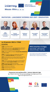 SAVE THE DATE – LANCEMENT INTERREG MEUSE-RHIN 2021-2027 – INNOVATION - LUNDI 23 JANVIER 2023 À 17H00 RISE